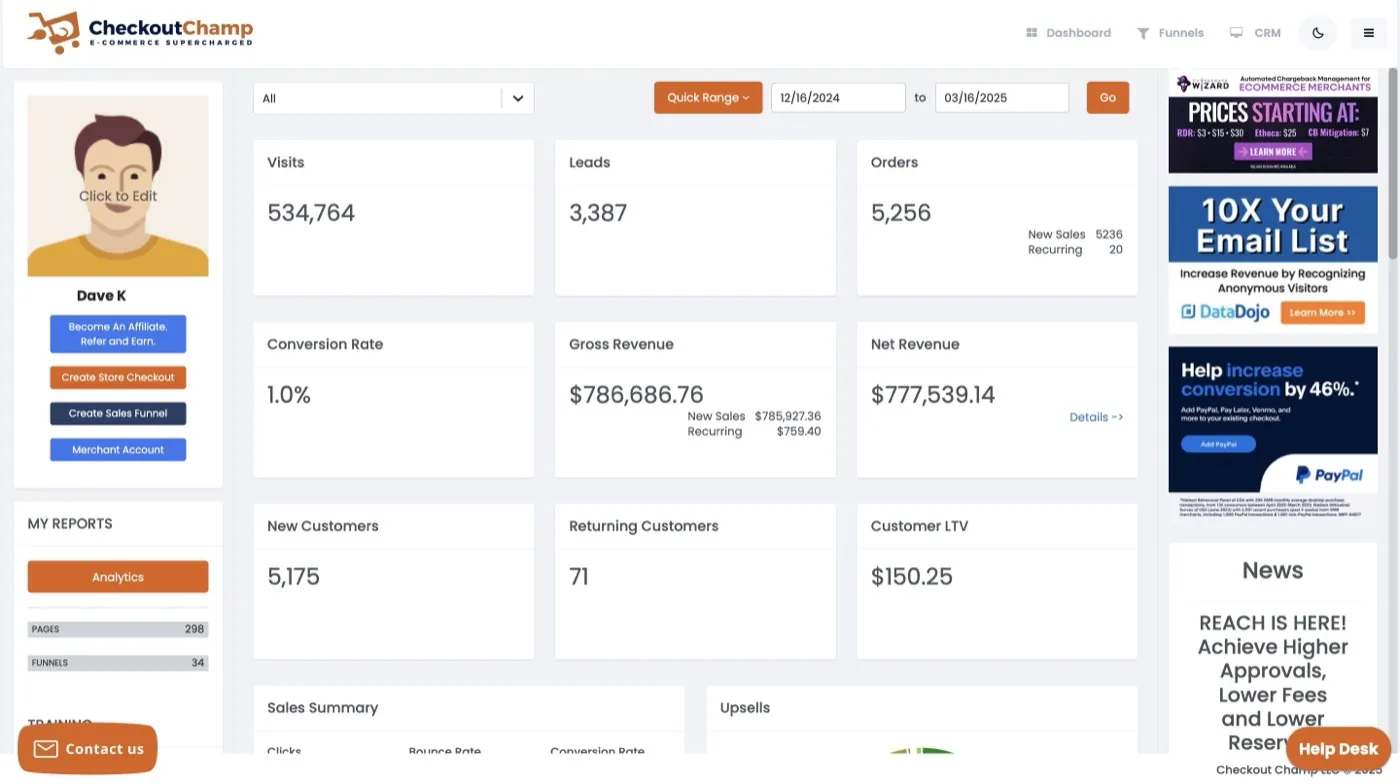 CheckoutChamp revenue dashboard