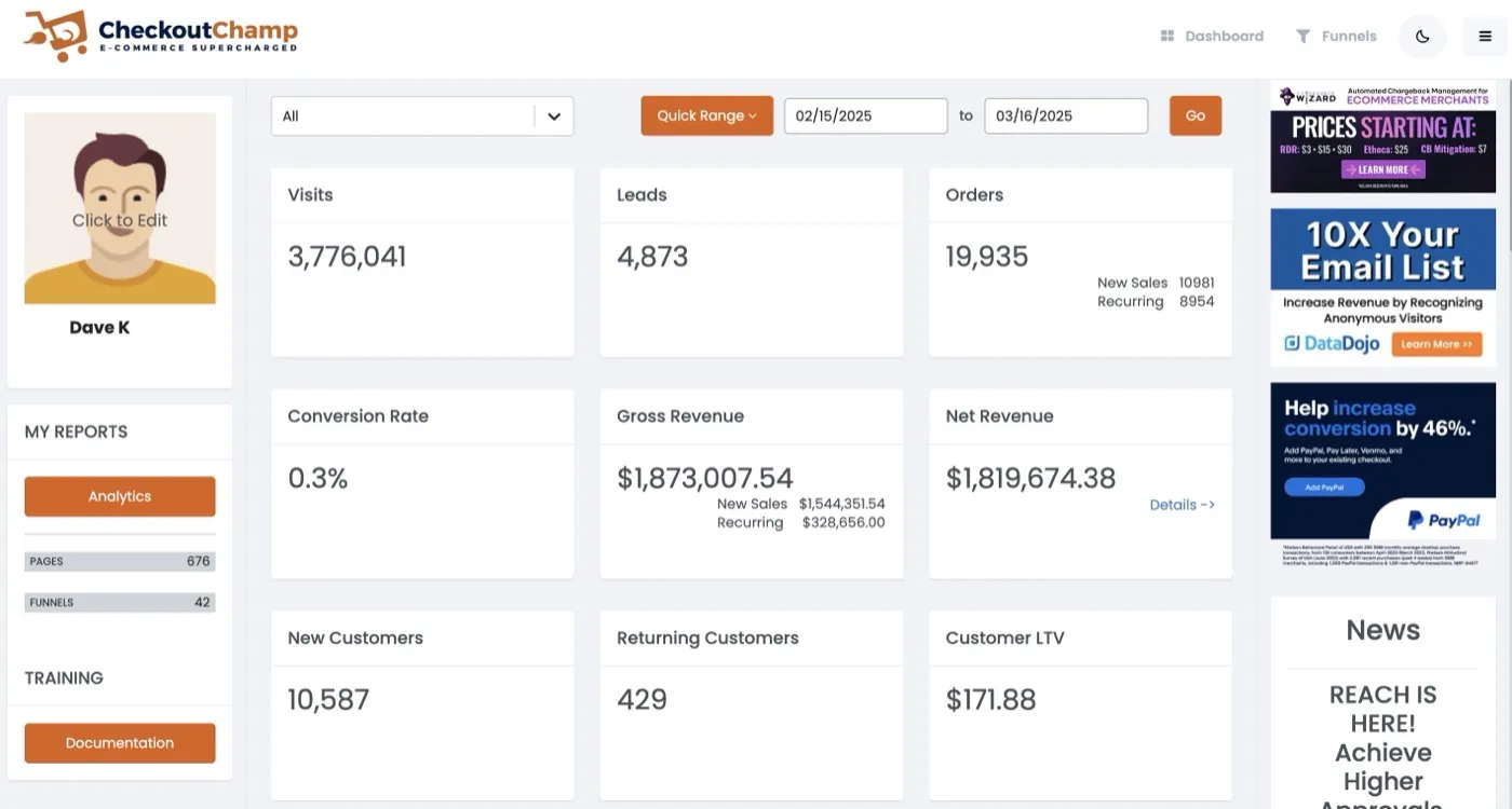 CheckoutChamp revenue dashboard