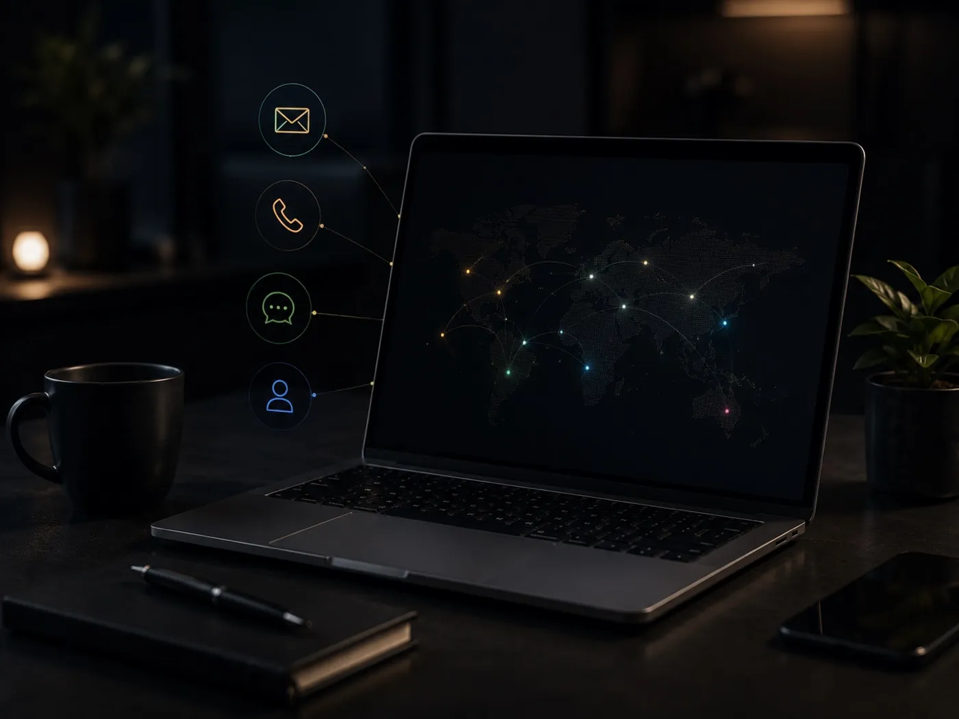 Laptop with a global connection map and email, phone, chat, and contact icons