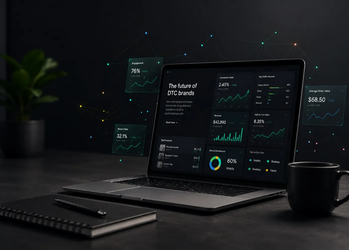 Laptop showing an ecommerce insights article and analytics on DTC brand growth